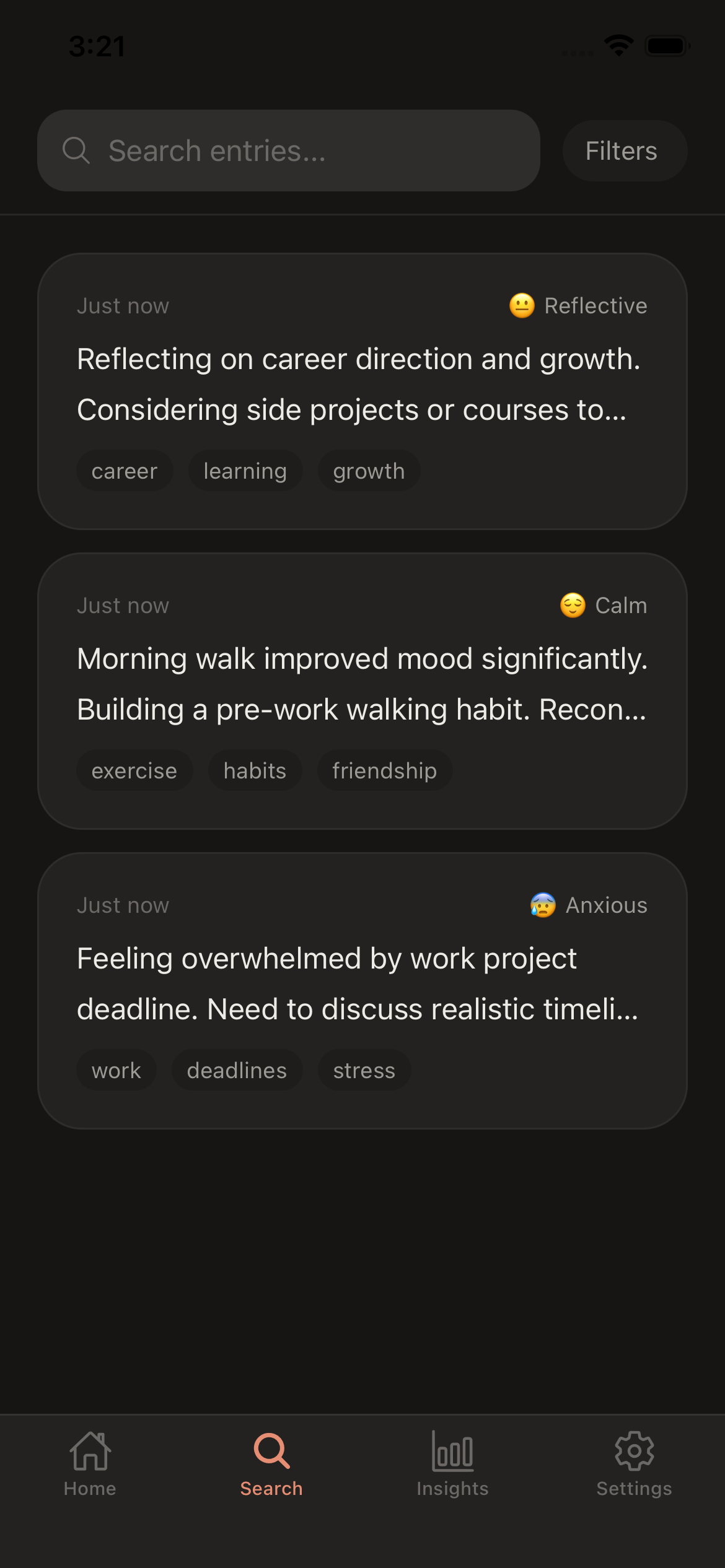 Search and filter entries